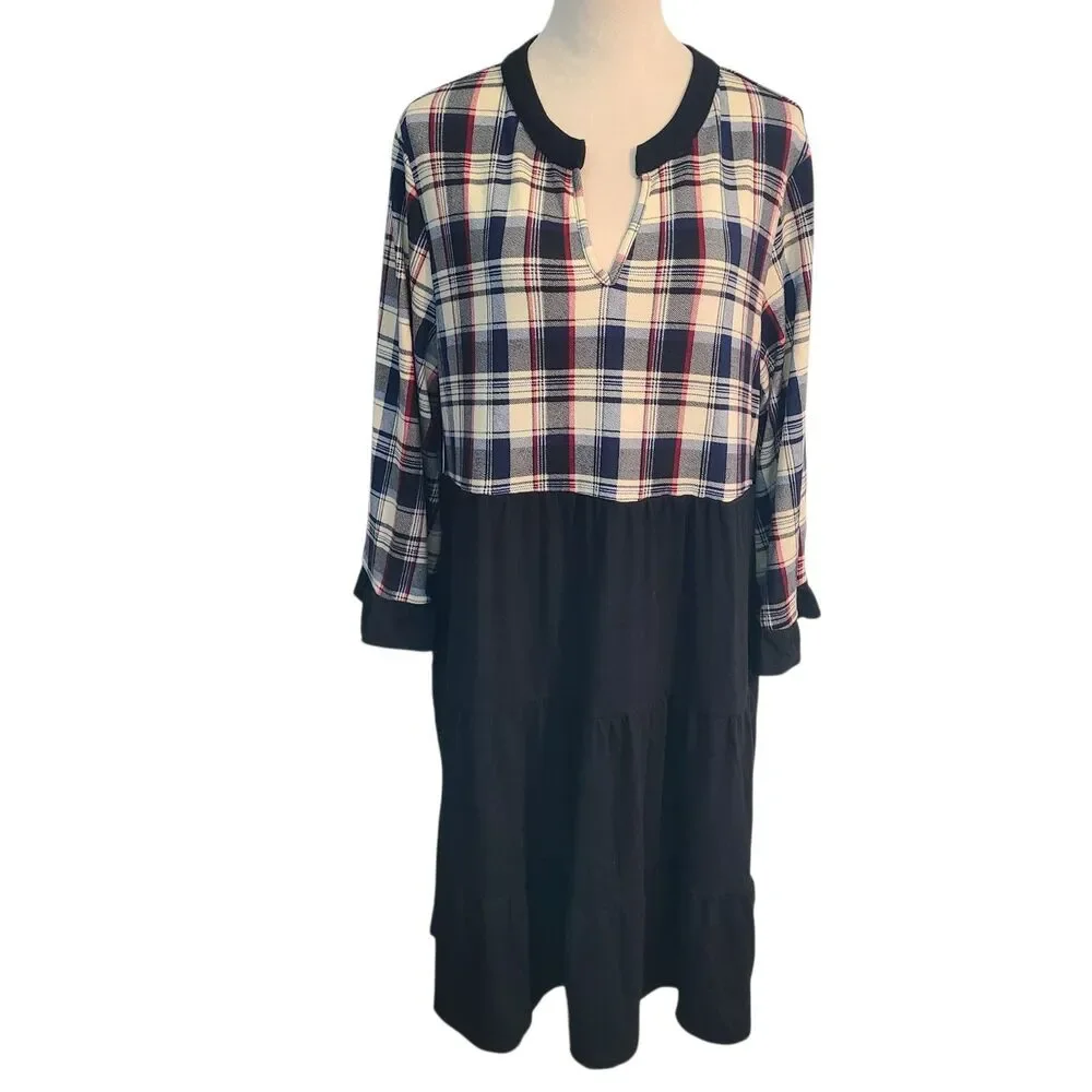 Suzanne Betro Dress XL Empire Waist Plaid Tiered Boho Mod Preppy Dark Academia - Picture 2 of 9